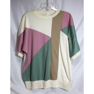 Vtg D. K. Gold Color Block Women's 1X Multicolor Banded Waist Top SS Crewneck